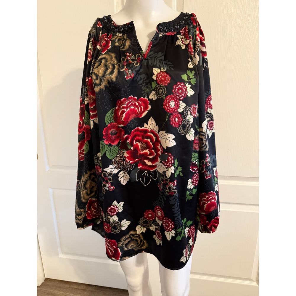 Chenault Black Floral Beaded V Neck Long Sleeve Tunic Top Women L